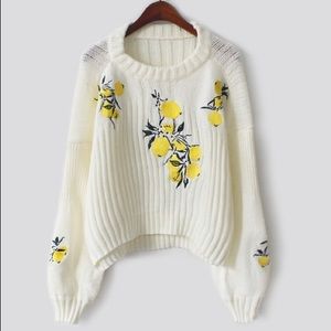 White Lemon Embroidery Lantern Sleeve Sweater